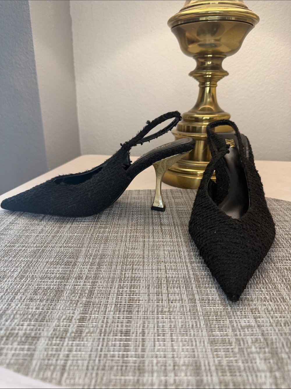 Zara Black Pointed Slingback Heels with Gold Stiletto